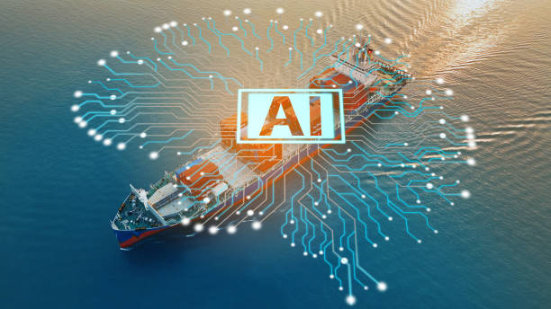 AI Brain Technology Cargo Container Ship. Global Logistics international delivery logistic and supply chain network distribution container Ship running for export import to customs concept isometric