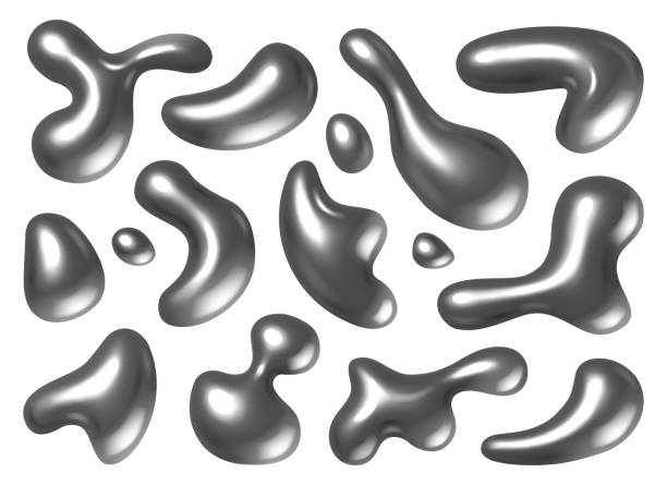 istock Liquid of chrome texture, isolated metal droplets of shapeless form. Vector realistic glossy bubbles or blots, platinum fluid with reflective surface. Splash and dripping volumetric flux 1932240539