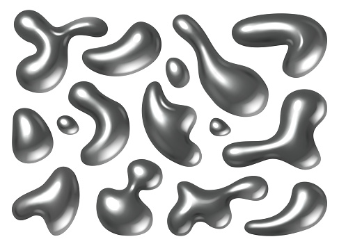 Liquid of chrome texture, isolated metal droplets of shapeless form. Vector realistic glossy bubbles or blots, platinum fluid with reflective surface. Splash and dripping volumetric flux