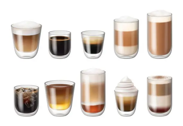 Vector illustration of Caffeine drink in glass, isolated realistic coffee beverages with foam and whipped cream. Vector isolated cafe or restaurant, mug served with ice and cinnamon powder. Cocoa and latte, americano