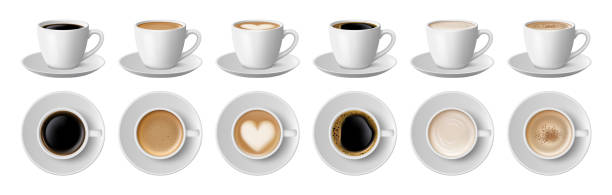 istock Americano and latte with heart shaped foam. Vector isolated coffee beverages in ceramic cups with handles and saucers. Cafe or restaurant service, top and side view of aromatic drink with milk 1932240551