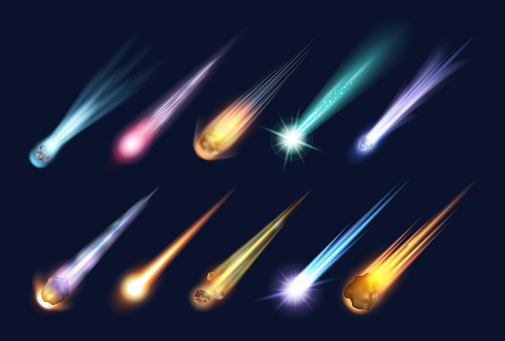 Flying fireball or meteor with fire neon light trail. Vector isolated realistic comet with tail of flame, astronomic cosmic celestial body moving fast. Falling asteroid effect at sky, burning rock