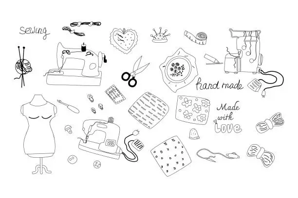 Vector illustration of Outline doodle sewing equipment set