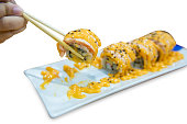 Top view of Salmon rolls, Delicious sushi with fish fillet, cream cheese, focus selective