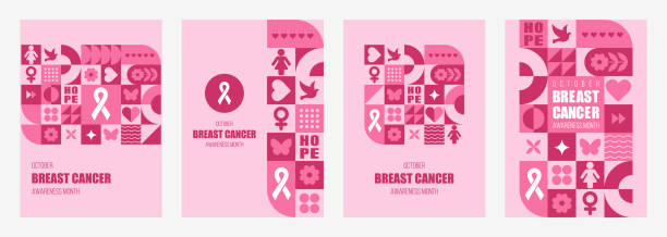 kuvapankkikuvitukset aiheesta rintasyöpätietoisuuskuukauden kortit. joukko moderneja geometrisia taustoja. abstrakti kuvio vaaleanpunaisilla muodoilla ja symboleilla. vektorikuvitus trendikkääseen bauhaus-tyyliin. malli postikortille tai esitteille - rintasyöpätietoisuus