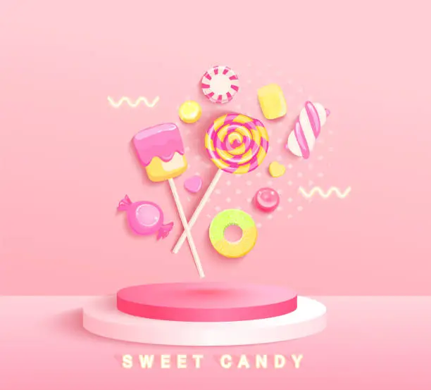 Vector illustration of Sweet candy display podium for snacks,sweets.