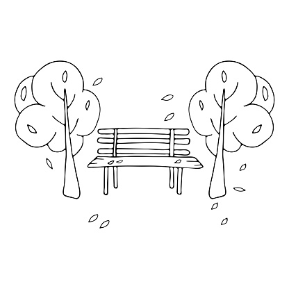 Autumn.Bench and two trees with falling leaves.Park in autumn in doodle style.