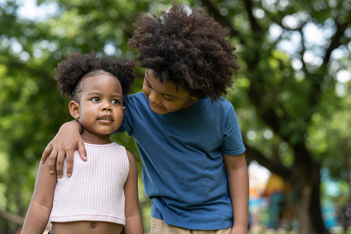 Smiling African American boy and little girl hugging together in park.Happy lovely kid young sister embrace her brother.Family and relationship concept.