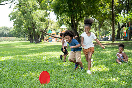 African American girl with curly hair with friends played red flying disc in the park. kid activity outdoor.
