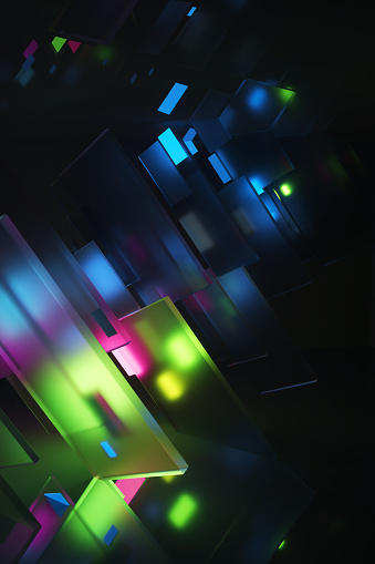 Abstract futuristic concept made of neon color displays and layers of glass in a dark room. Theme of digital artificial intelligence and neural networks as well as desktop wallpapers. 3d rendering illustration.