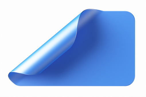 Blue rectangular shaped sticker curled from the corner isolated on a white background. 3d rendering illustration.