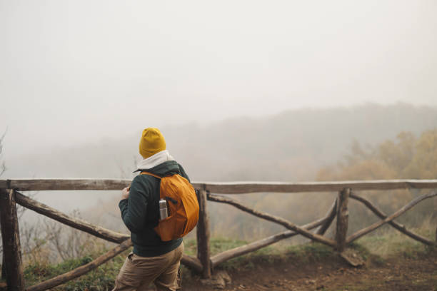 Confident young man doing walking on the mountains, he is using trekking poles and carrying a backpack, freedom and sports concept