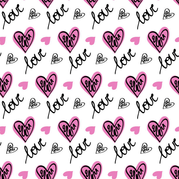 ilustrações de stock, clip art, desenhos animados e ícones de stylish graphic seamless pattern with pink hearts and word love - i love you frase em inglês