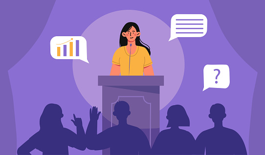 Public speaking woman concept. Young girl with microphone perform near audience. Talented speaker and orator answer to question. Press conference or seminar. Cartoon flat vector illustration