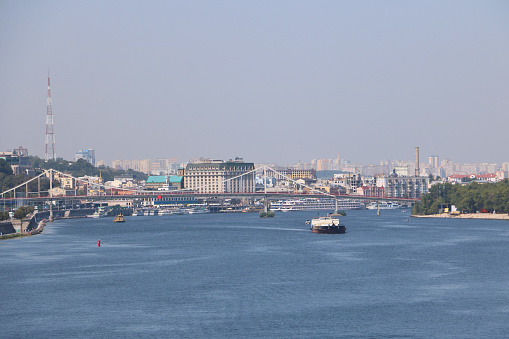 Kyiv, Ukraine - August 26th 2018: The view of Kiev and Dnipro River from the Metro Bridge in the summer