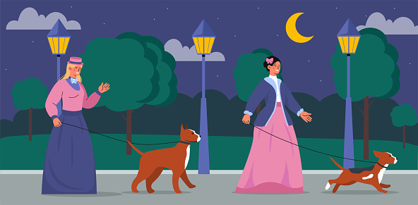 Victorian era scene concept. Women in antique clothes with dogs. Ancient civilization and old Europe. Fashionable young girls walk in city park. Cartoon flat vector illustration