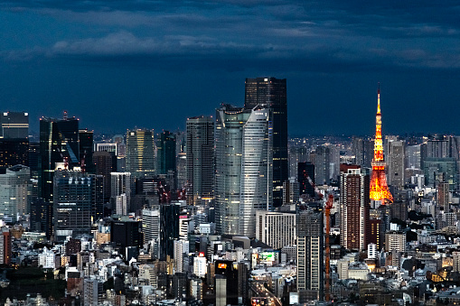 Tokyo, Japan - October 6, 2023: The Tokyo skyline from a high angle view at sunset and twilight.