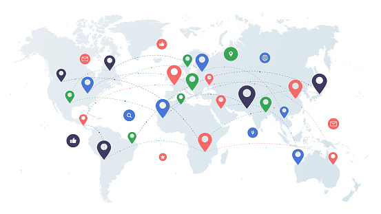 World logistic delivery concept. Map with gps pins. Globalization and international business. Delivery and shipping, import and export. Cartoon flat vector illustration isolated on white background