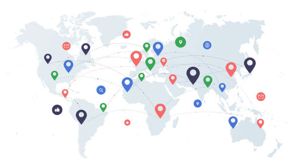 World logistic delivery vector concept World logistic delivery concept. Map with gps pins. Globalization and international business. Delivery and shipping, import and export. Cartoon flat vector illustration isolated on white background global logistics infographic stock illustrations