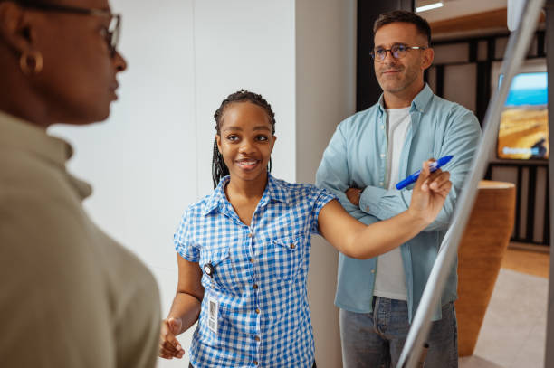 istock Business people and teamwork in modern corporate office. African trainee having presentation on flip chart. 1932326003