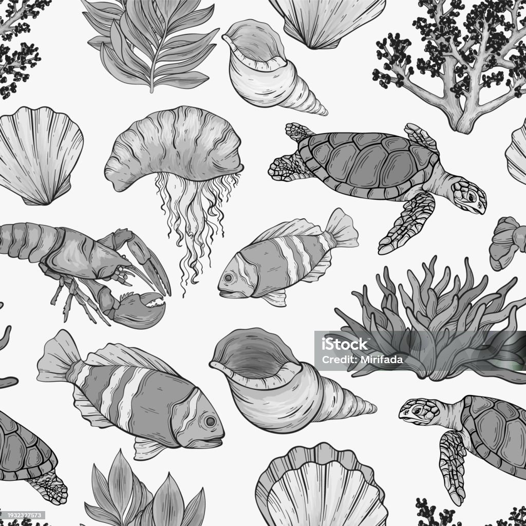 Sea Creatures Layout Monochrome Vector Sea Creatures Seamless Design Stock Illustration ...