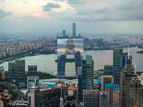 Huangpu river in front of Shanghai city seen at day.