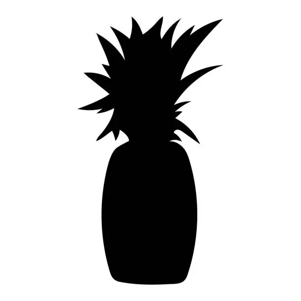 Vector illustration of Black silhouette of pineapple. Ananas shape. Tropical summer fruit on a white background. Vegan food. Leaves. Isolated