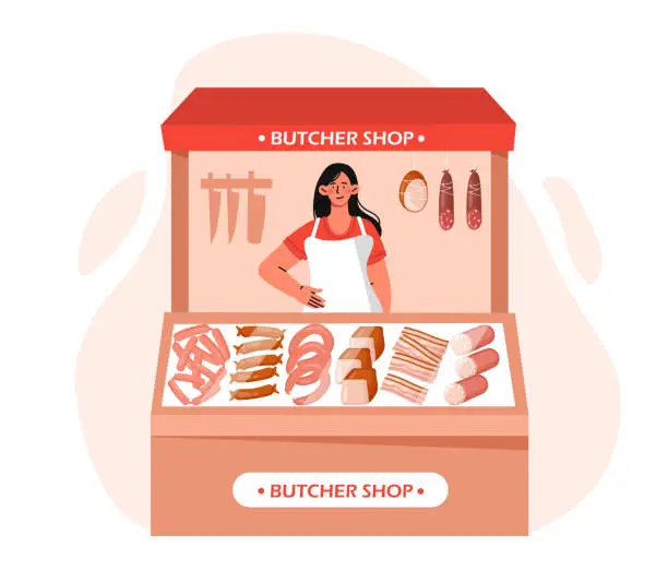Vector illustration of Woman in butcher shop vector concept