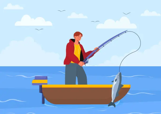 Vector illustration of Fisherman at boat vector concept