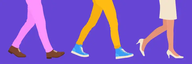 Vector illustration of Three stylish young people walking in a row