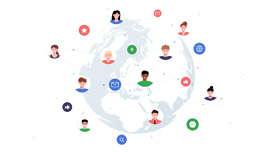 Connected world concept. Men and women avatars at background of planet. Users of social networks and messengers. Global communication. Cartoon flat vector illustration isolated on white background