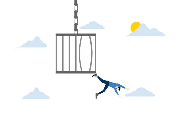 Vector illustration of hope and freedom concept, businessman courage to escape from the bird cage, jump and fly, Courage to escape for freedom, get out of comfort zone to look for a new job, open mind for a better life.