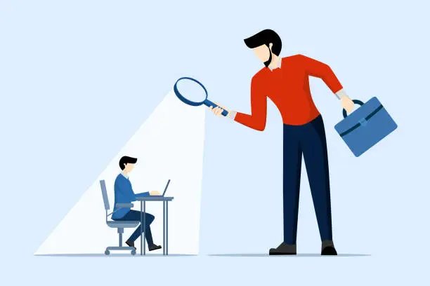 Vector illustration of micro manager boss using magnifying glass watching employee work. Micromanaging bosses, toxic managers who monitor every detail, oversight and control over employee work and processes.