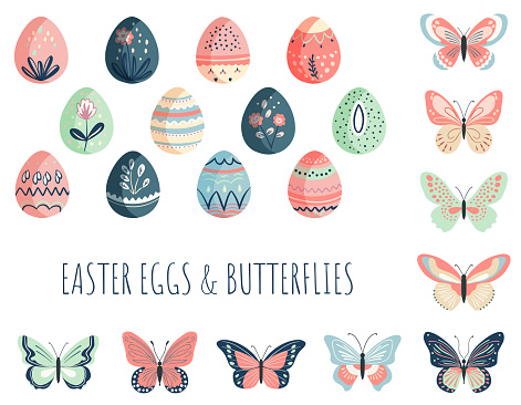 Easter eggs and colorful butterflies. Hand drawn vector spring elements.