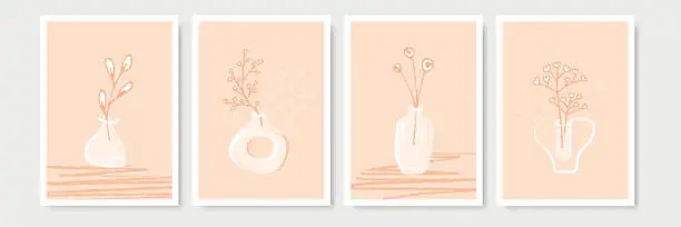 Vector illustration of Abstract botanical poster. Set of illustrations with flowers and branches in a vase in a zen theme. Social media stories, posts, highlights templates. Contemporary minimal art background set with vase wall decor. set with flowers and plants in vases