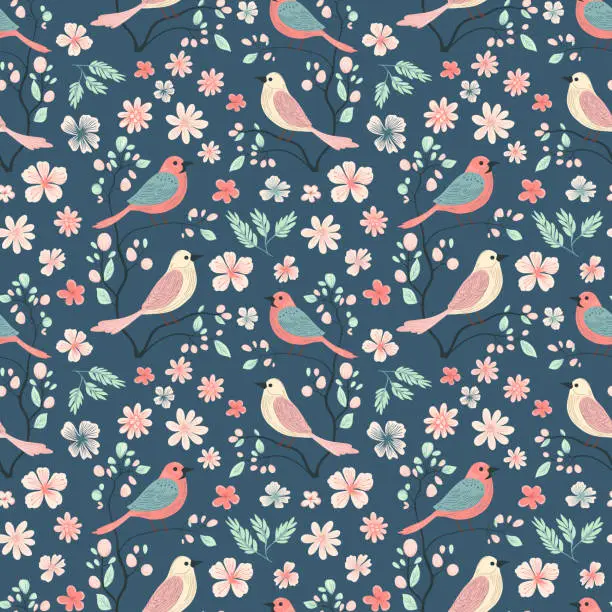 Vector illustration of Vector seamless pattern with cute birds. Spring backgrounds in folk style. Vintage romantic nature hand drawn print.