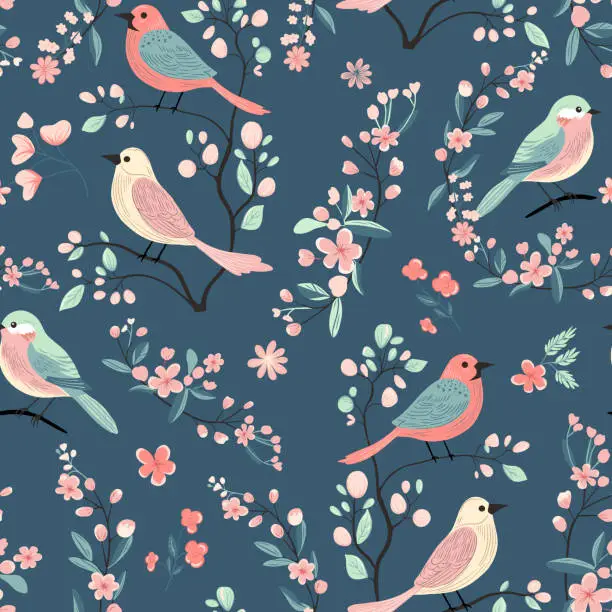 Vector illustration of Vector seamless pattern with cute birds and flowers. Spring backgrounds. Hand drawn folk print.