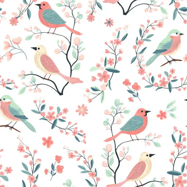 Vector illustration of Vector seamless pattern with cute birds and flowers. Spring backgrounds. Hand drawn folk print.