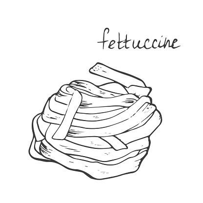 Pasta Fettuccine Tagliatelle Pappardelle or Taglierini sketch. Italian Food vector illustration. Vintage hand drawn doodle style. Engraved, ink, outline.