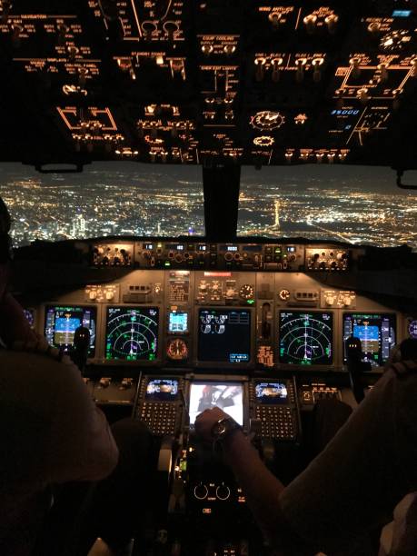 View from the cockpit to the night city during the flight