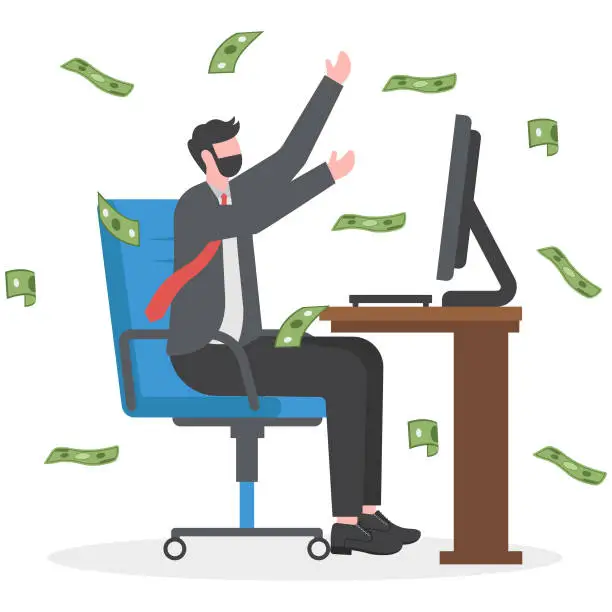 Vector illustration of Make money online, earn passive income from internet job or side hustle, make profit or earning from investment or stock trading, easy money concept, rich businessman relax making money from computer.