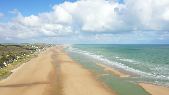 The bunkers above Omaha beach in Europe, France, Normandy, towards Arromanches, Colleville, in spring, on a sunny day.