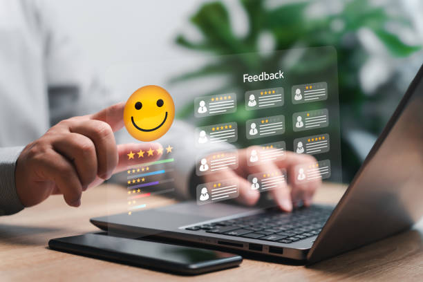 istock Customer Satisfaction Survey and feedback on business work concept, Businessman check service experience rating online, and customer feedback, Satisfaction Review best quality of product 1932431382