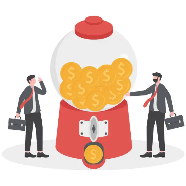 Vector illustration of ROI, Return on Investment or high profit and success stock investing concept, smart businessman investor or company owner insert money coin into gumball machine.