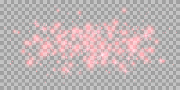 Red magic sparks and dust stars. Red glow flare light effect. Christmas light effect. Vector particles on transparent background