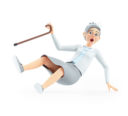 3d cartoon granny with walking cane falling down, illustration isolated on white background