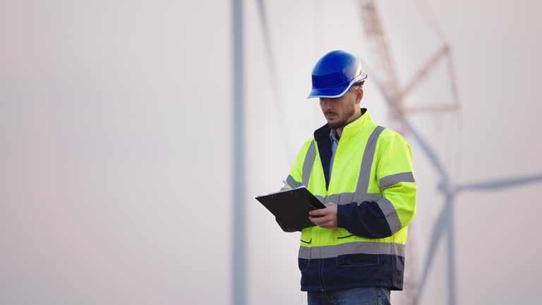 white caucasian  electric engineer is working at a windmill or turbine at dusk, using a laptop, plan drawings, and a concept for clean, sustainable energy,environmental conservation.mobile crane during working for installed windmill blade.