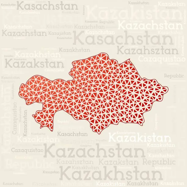 Vector illustration of KAZAKHSTAN map design. Country names in different languages and map shape with geometric low poly triangles. Authentic vector illustration of Kazakhstan.