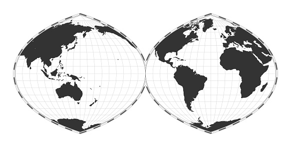 Vector world map. Quartic authalic projection interrupted into two hemispheres. Plain world geographical map with latitude and longitude lines. Centered to 120deg E longitude. Vector illustration.