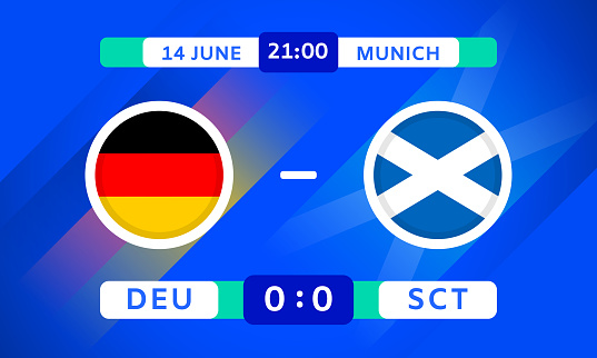 Germany vs Scotland Match Design Element. Flags Icons with transparency isolated on blue background. Football Championship Competition Infographics. Game Score Template. Vector illustration